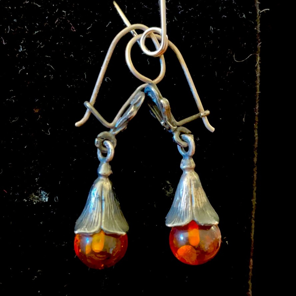 Dangly pierced sterling w/amber earrings